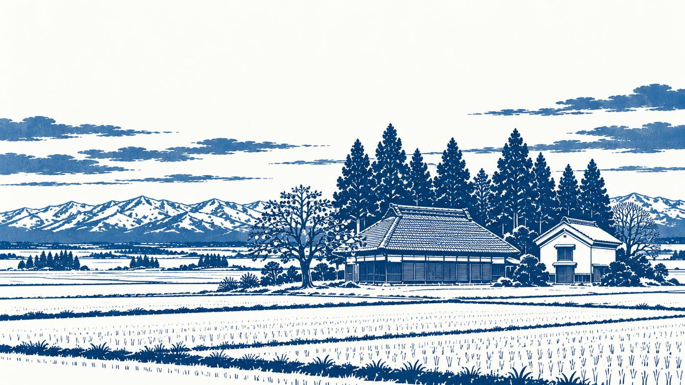 田んぼの中の古い農家と土蔵